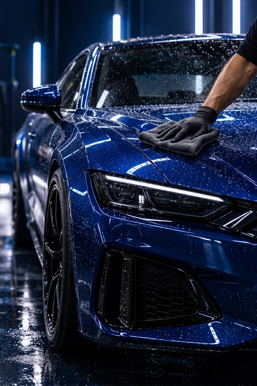Original auto detailing campaign: a blue sports coupe and hand-polished paint