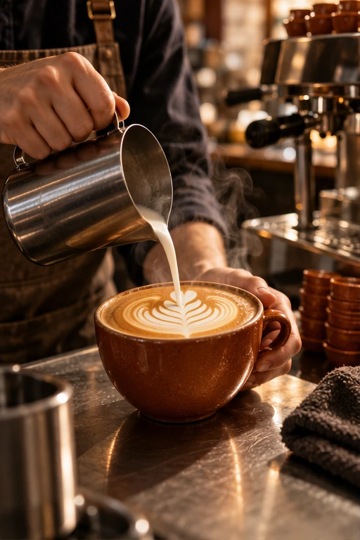 Original café campaign: a barista pouring milk into a terracotta coffee cup