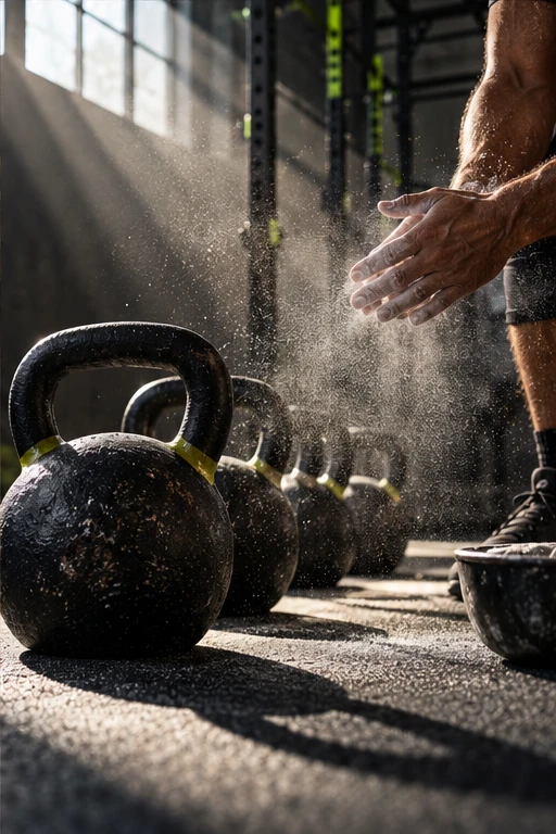 Original fitness campaign: kettlebells and chalk in a sunlit independent gym