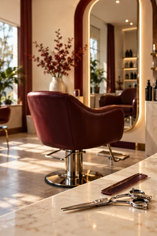 Original salon campaign: a burgundy styling chair and carefully arranged hair tools